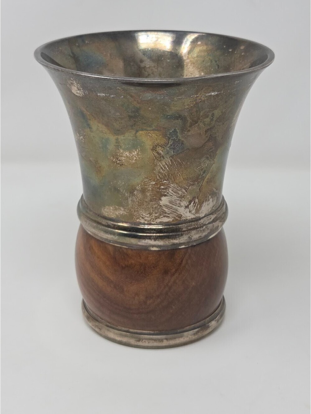 Silver Tone Metal Vase Wood Base Decorative Piece Marked 2004 SP Design